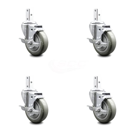 Service Caster 4 Inch Gray Poly Wheel Swivel 3/4 Inch Square Stem Caster Set with Brake SCC SCC-SQ20S414-PPUB-GRY-TLB-34-4